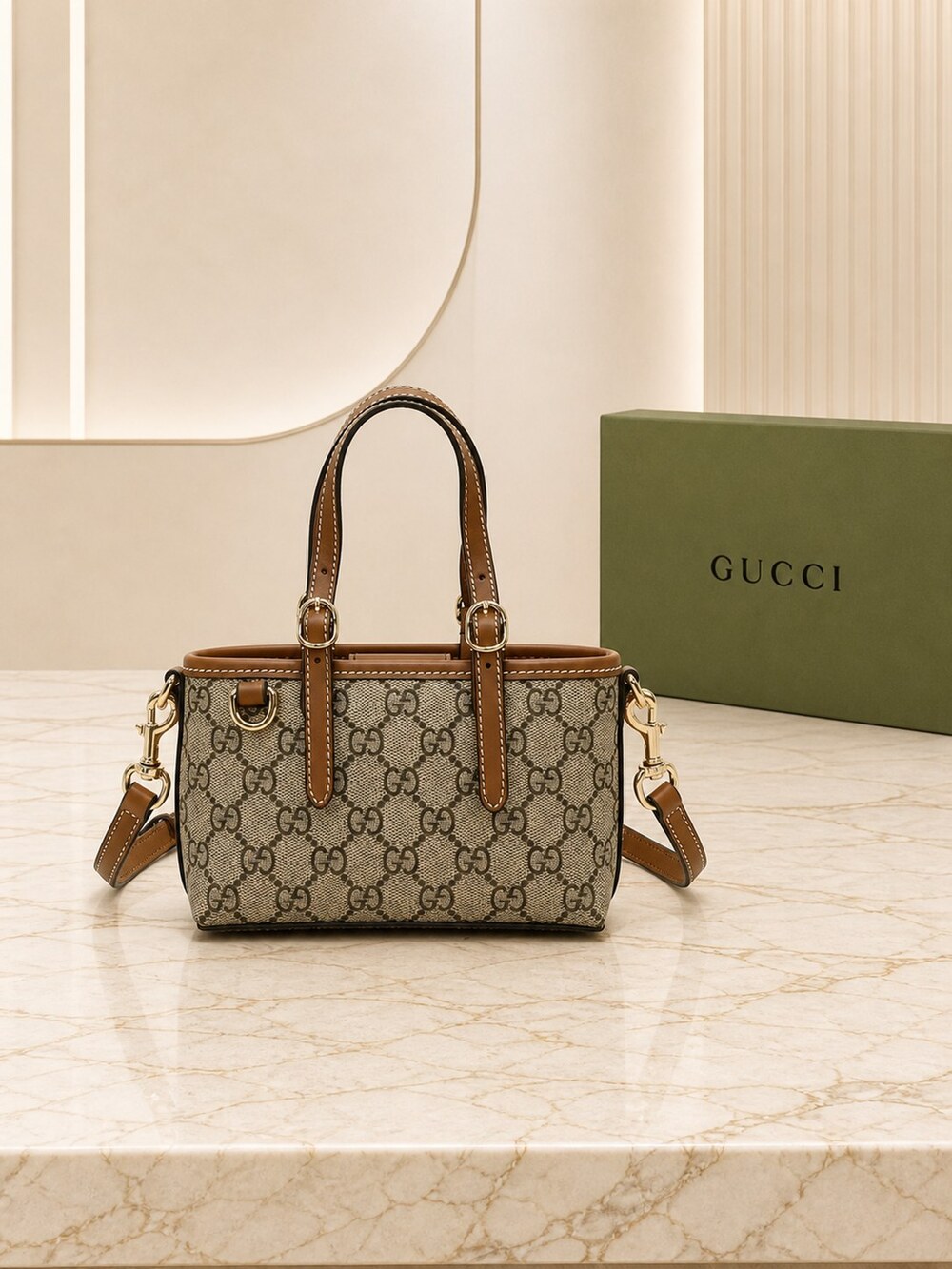 Gucci GG Supreme Coated Canvas Mini Tote in Beige & Brown